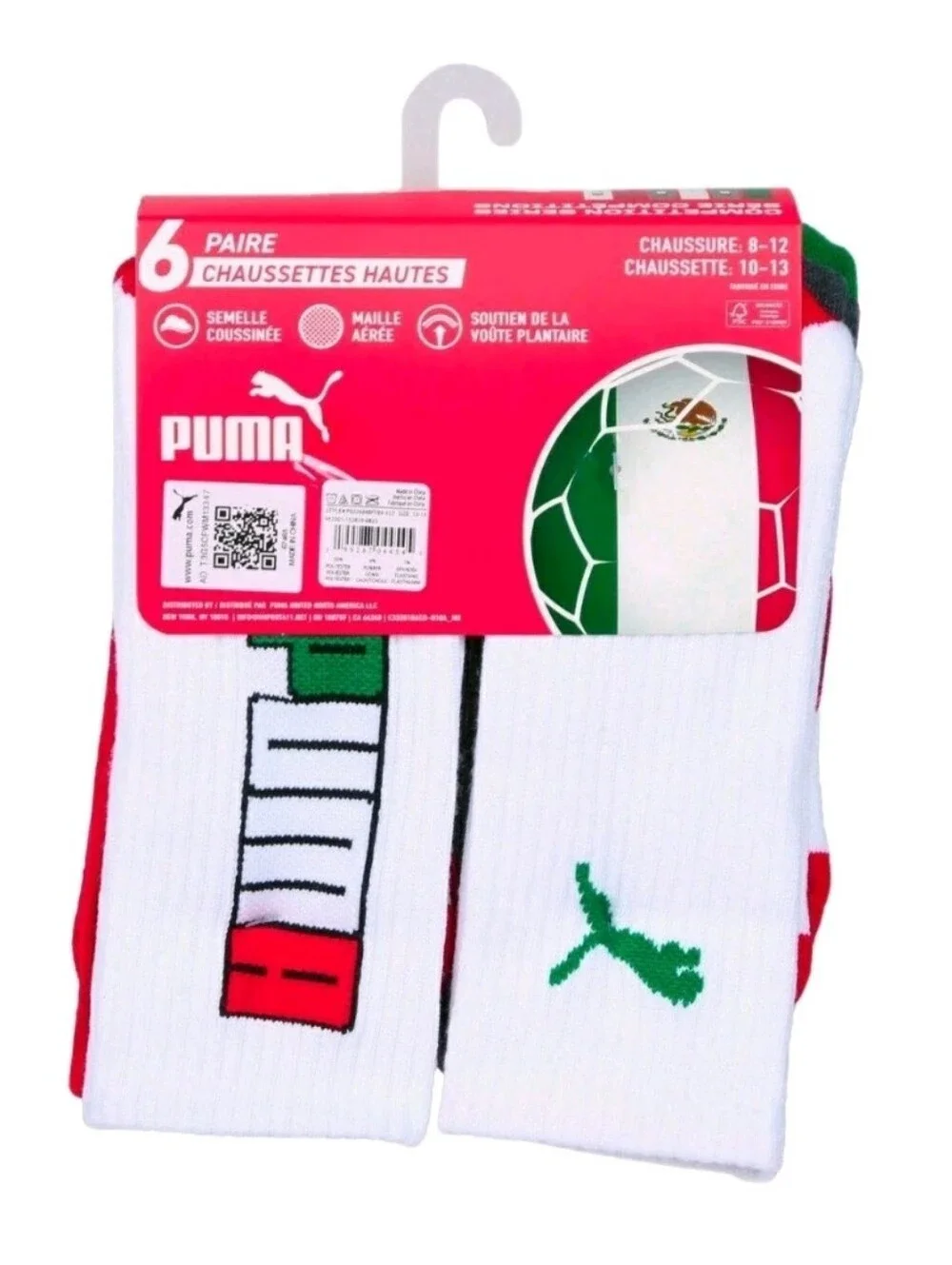 PUMA: MEN'S: (6) PACK: MEXICO: CREW SOCKS: SOCCER: SIZE: 10-12: BRAND NEW